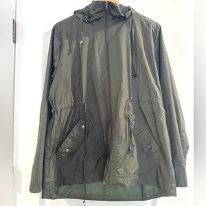 WOMENS Green Rain Jacket, Removable Hood, Adjustable waist, Size L